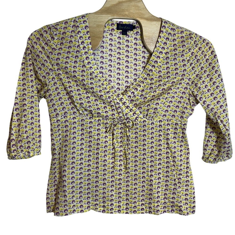 Boden Women 18 Yellow Purple Geometric Floral Wrap‎ Empire Waist Cotton Blouse